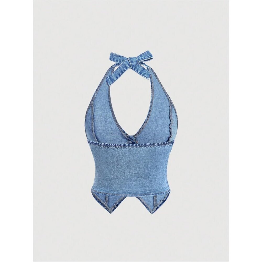Women's Denim Tank Top Halter Backless Cropped Casual Party Wear - Picture 2 of 4